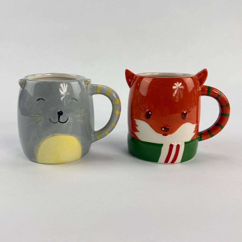 Walmart Ceramic Animal‎ Mugs Set of 2 Grey Cat and Orange Fox 3D Sculpted Ears